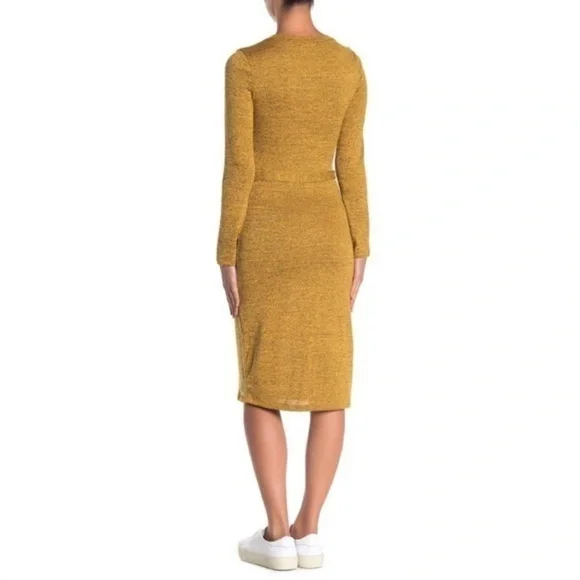NWT Tie Waist Knit Bodycon Dress Mustard Gold New - Picture 2 of 3